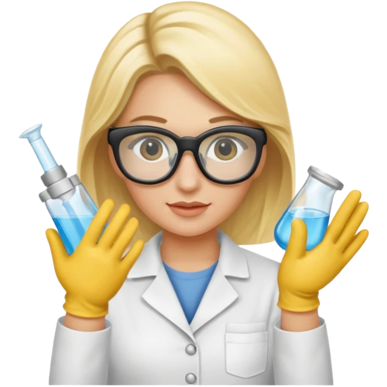Eine hellblonde Chemikerin mit Kittel, Handschuhen, großer Labor-Sicherheitsbrille und typischem Erlmeyerkolben in der Hand emoji
