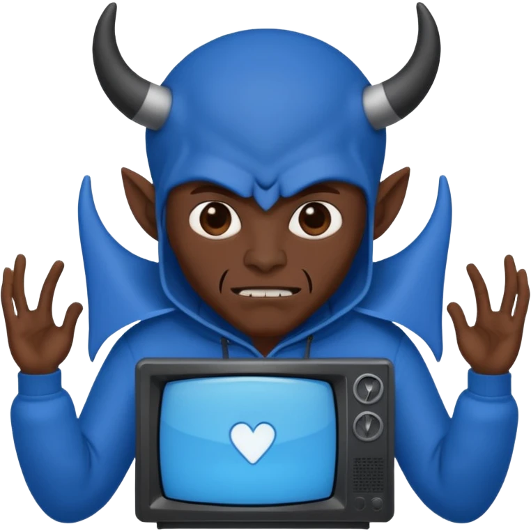 Vox the demon with a TV as his head wearing all blue emoji