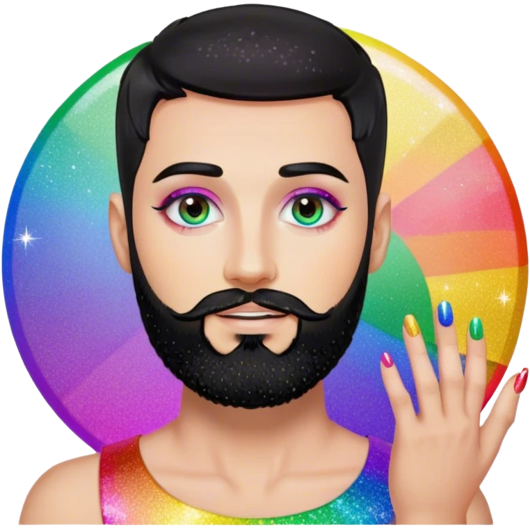 White man with black short hair and black short circle beard, very gay very glitter very rainbow add nail polish and makeup and lashes emoji