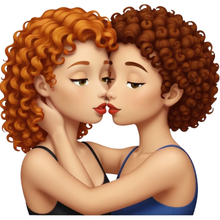 ginger, curly haired woman kissing dark haired woman emoji