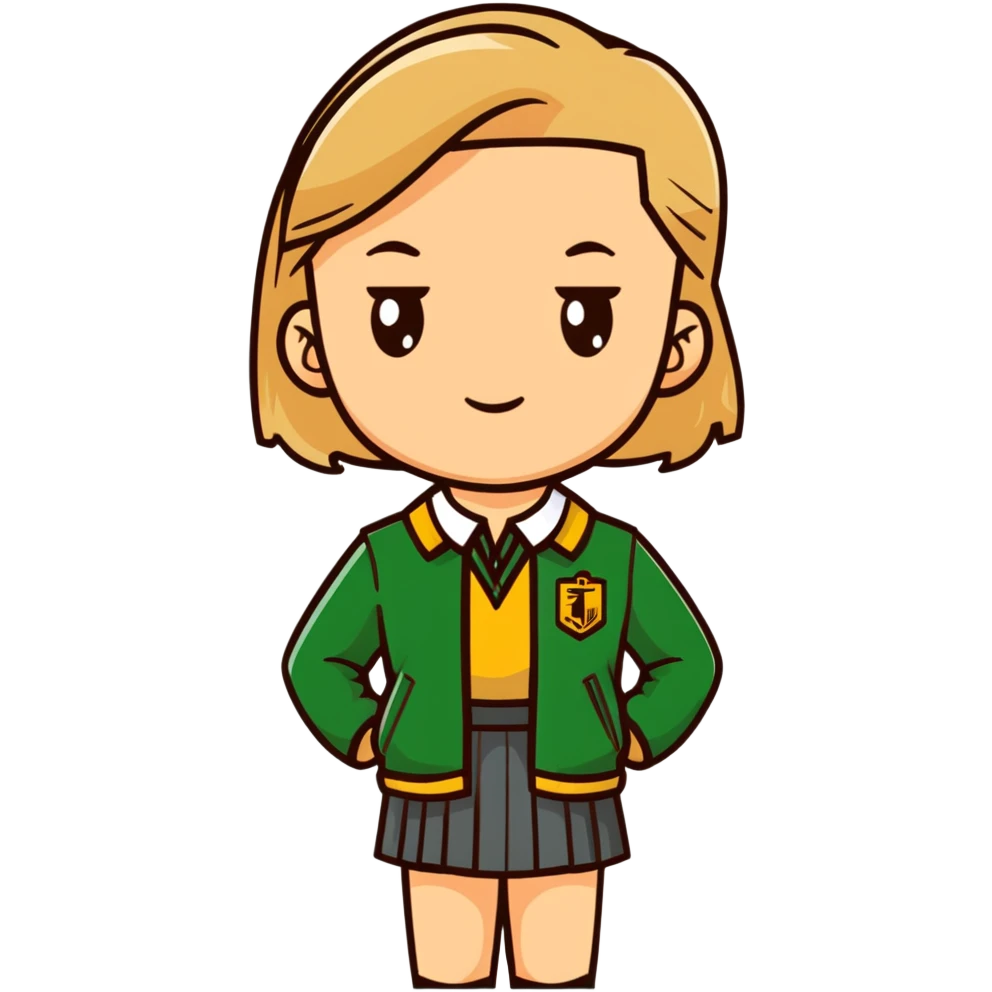 girl in a school uniform wearing a green polo, beige skirt, grey zipper jacket emoji