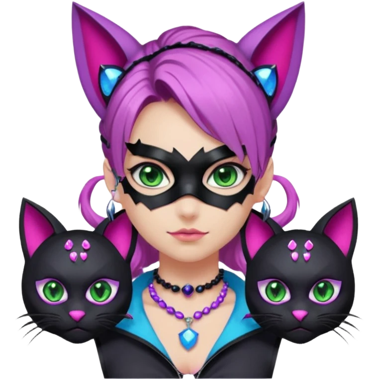 Girl with green eyes, wearing a bat mask with pink stones, and her hair tied in a ponytail, the hair is purple, blue, and pink streaks, with black cat ears with pink stones, wearing a black shirt that covers the neck, and a sleeveless blue jacket, and a necklace of pink stones emoji