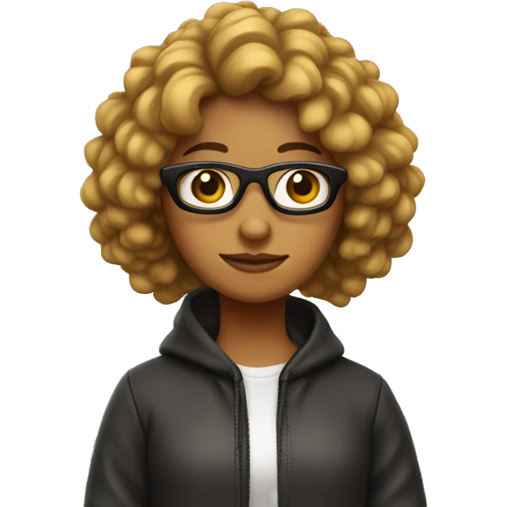 chica con pelo castaño,rulos, gafas y sudadera negra emoji