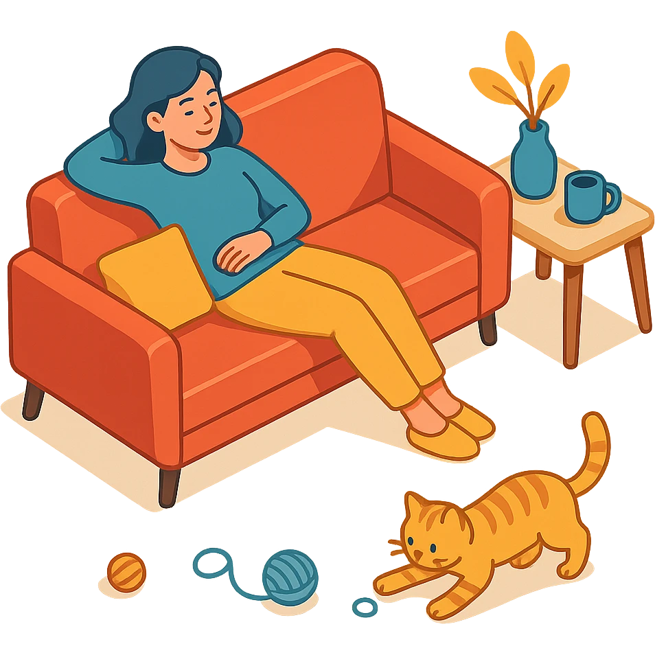женщина отдыхает на диване, рядом кошка играет с игрушками emoji