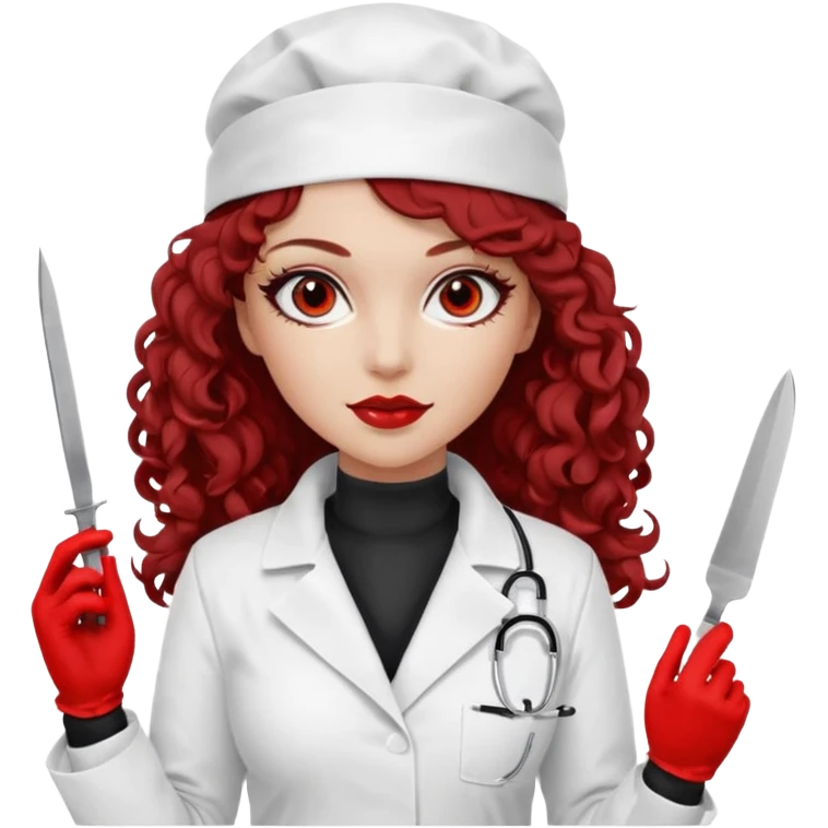 


Scary woman scalpel in hand, evil surgeon sexy surgeon clothes.  She has redcolored  eyes. Her  hair only is free ne brown long curly hair. Wears sexy doctor outfit with red gloves. make her wear full ski mask yo mask and nose mouth mask  to hide. Wears white surgeon coat, wears  stilettos emoji