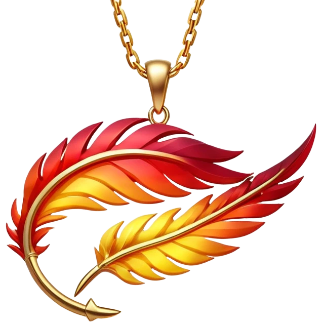 glowing ruby pendant shaped like a phoenix feather, red-yellow gradient, chain suspended midair with rebirth aura emoji