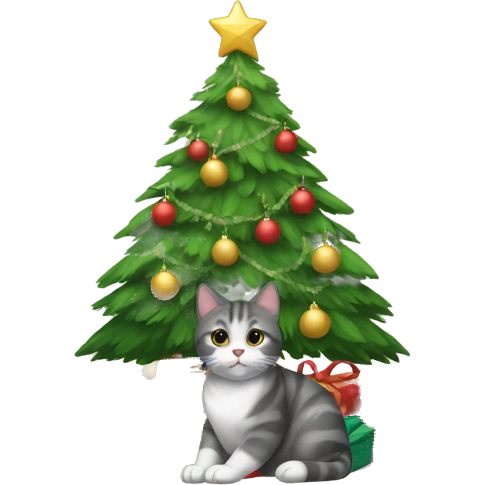 Cat sitting under a Christmas tree with presents under it emoji
