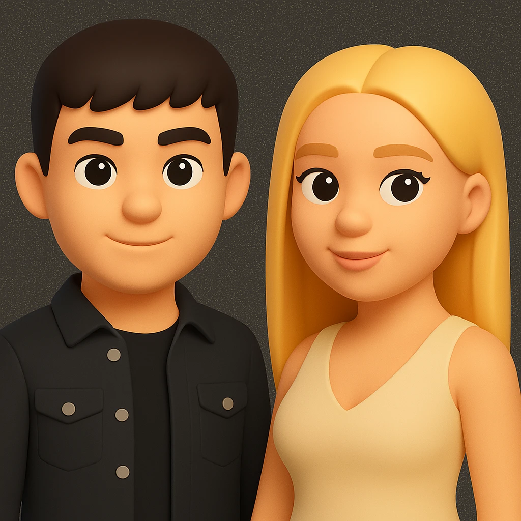 In the style of 3D Emoji, slightly increase the volume of the upper body of the girl, separate the girl and the boy from each other, and make the skin color the same for both characters. The style should reflect the Microsoft style 3D fluent emojis. emoji