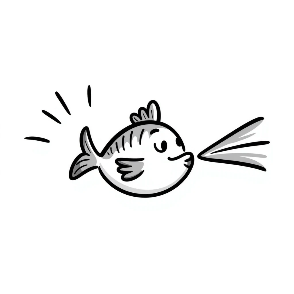 hand-drawn fish peeing with black lines emoji