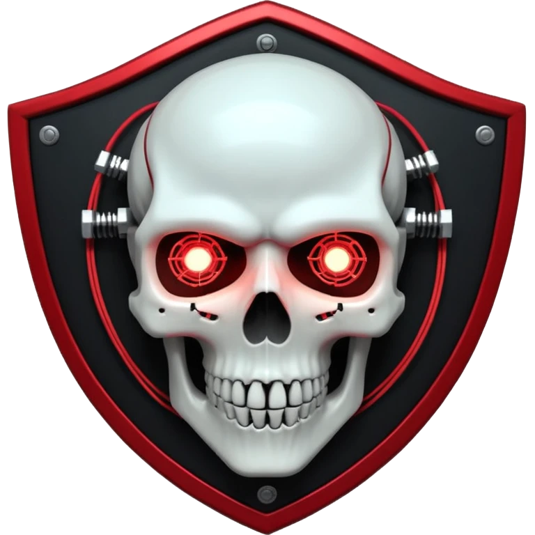 Cyberpunk shield, skull with cybernetic implants, glowing wires, dark electric red and black tones, no background emoji