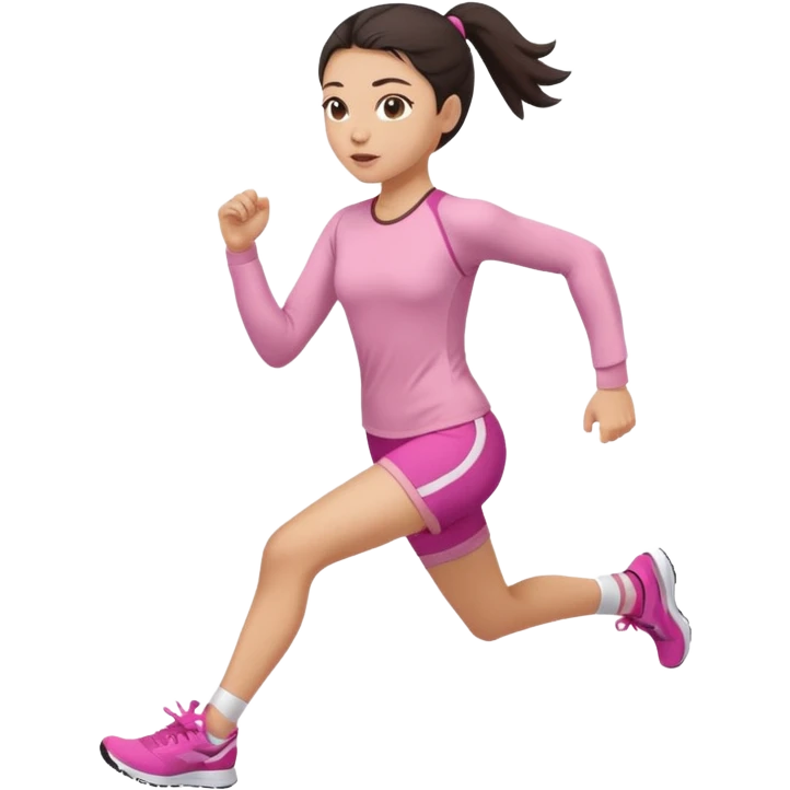 A girl in soft pink sporty tight-fitting clothes, a long-sleeved fitted top and shorts, is running, her hair is dark and straight, pulled back. emoji