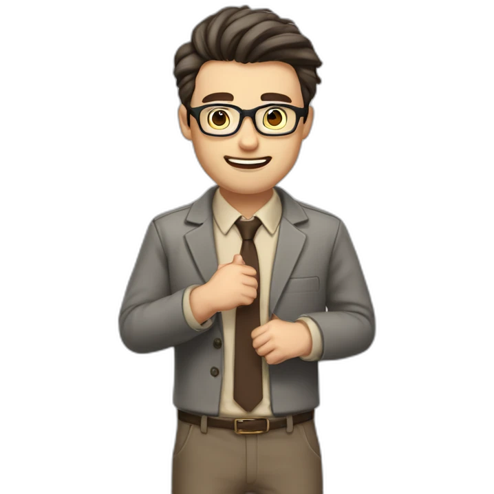 To belt Actively gesturing with hands Pale skinned fit man teacher with dark brown hair in gray jacket, beige office shirt, brown tie, brown pants and vintage glasses. emoji