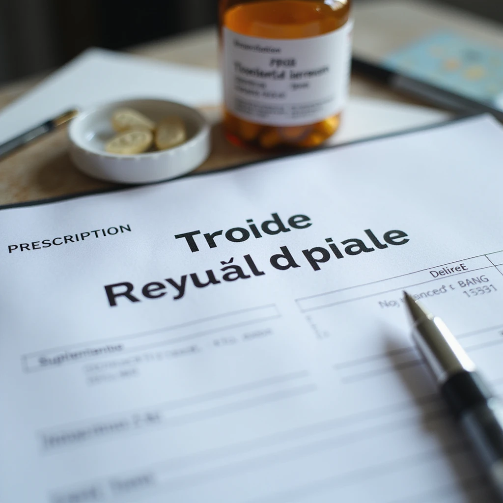 hyperrealistic 4K close-up of a medical prescription on a desk with the highlighted text 'Tiroide secca di maiale', next to a pen and a supplement jar emoji