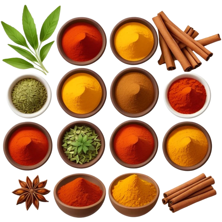 Assorted colorful spices in small bowls, including red paprika, yellow turmeric, green herbs, and brown cinnamon sticks emoji