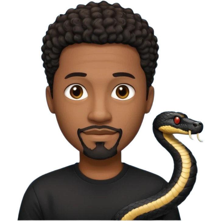 Homme noir de peau,  yeux marron avec un bouc sans la moustache, cheveux noir court et bouclé crépus avec un dégradé sur le côté, avec un cobra à côté , t-shirt noir  emoji