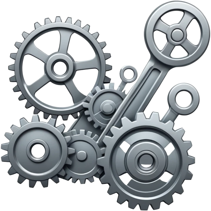 An icon featuring gears, a wrench, and mechanical blueprints, symbolizing mechanical engineering. The design includes pistons, turbines, and technical drawings, representing the design, construction, and operation of machinery. Transparent background  emoji