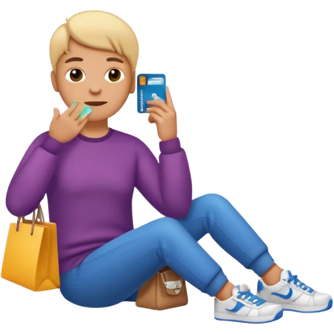 Emoji-style illustration of a person holding a credit card, hand on chin thinking. A thought bubble above the head showing clothes, sneakers, and a shopping cart, representing deciding whether to spend money. Clean, modern emoji style, bright colors, white or transparent background. emoji