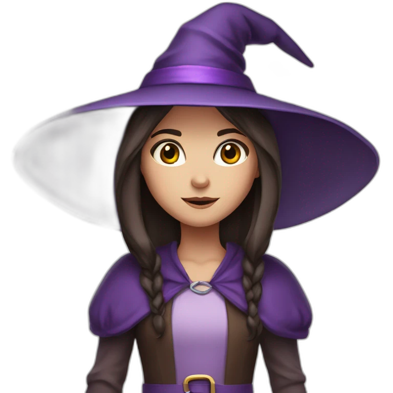 a young white brown thin girl with straight dark hair dressed as a purple witch emoji