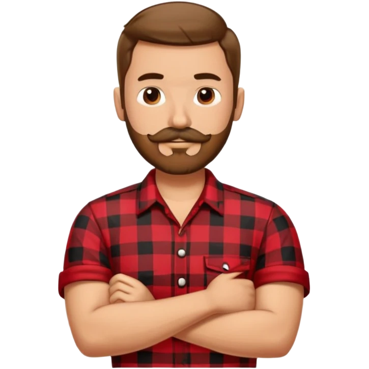 A man with a short brown haircut and a beard with a mustache (anchor) in a red and black checked shirt smugly crossed his arms on his chest and was pleased emoji