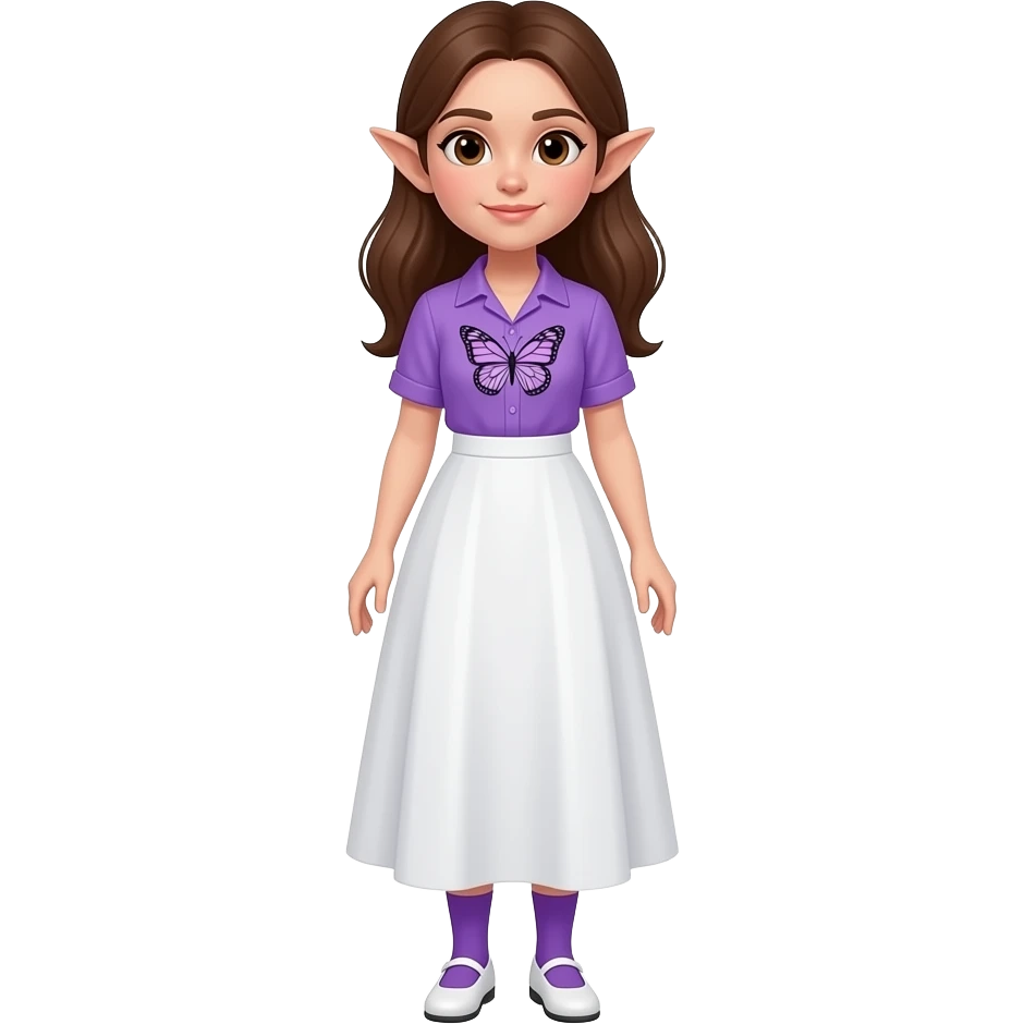 An adult woman with white/fair skin, brown hair, brown eyes and pointy ears and wearing a long white skirt, a purple butterfly shirt purple socks and white shoes. emoji