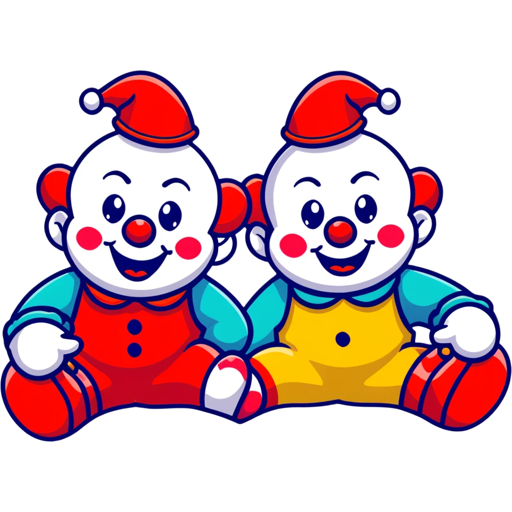 two clowns playing musical chairs, whimsical cartoonish style emoji