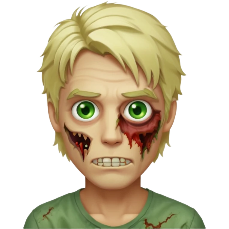 handsome male zombie with tousled blonde mid-length hair and bright green eyes, slight smile, iOS-style emoji emoji