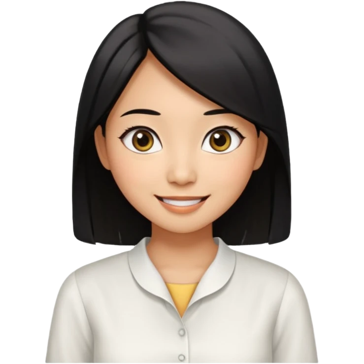 30 yr old asian woman center parted hair big eyes big smile tanned skin straight black hair hippie part hair white blouse shoulder length hair emoji