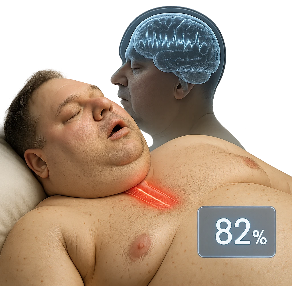 hyper-realistic medical CGI of overweight man sleeping on his back, airway compressed by neck fat, trachea walls glowing red, oxygen saturation 82%, brain scan overlay showing disrupted deep sleep cycles, 4K, clinical emoji