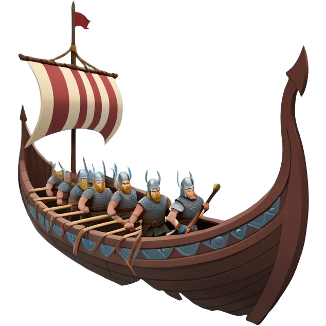 clash-of-clans-aesthetic_-cinematic-viking-longboat, rendered in a flat, bold vector style with minimal shading, featuring a striking dragon-headed prow slicing through icy, churning waters. shields on the side and vikings rowing The longboat’s intricately detailed shields and carved motifs evoke a sense of epic adventure and Nordic might, with billowing sails catching a dramatic, stormy sky backdrop. emoji