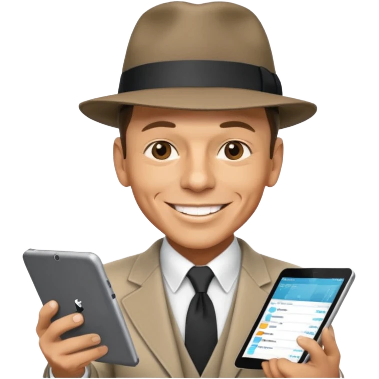 Frank Sinatra with the hat on, smiling and showing data analytics on a screen in the background emoji