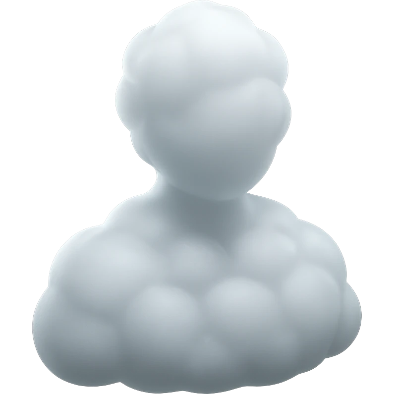 front view of a person composed entirely of white fluffy convex clouds, shoulders visible, matte glass style emoji