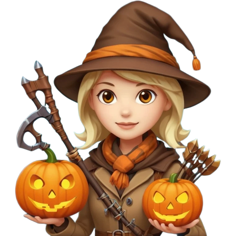 female human monster hunter emoji, wearing brown coat and hat, holding crossbow, soft smile, scarf, glowing pumpkin by her side, Halloween fantasy style, clean vector Apple emoji look, bright colors, white background, square emoji