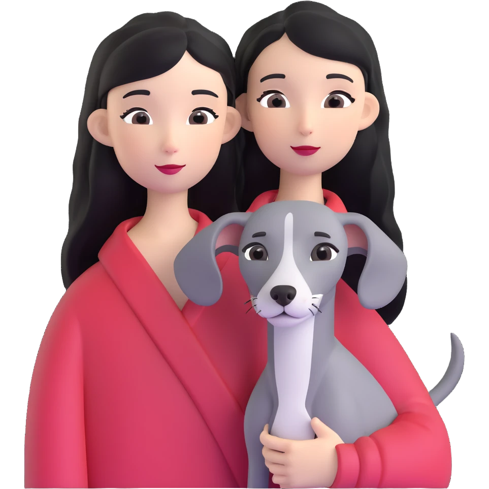 Slim Chinese girl with long black hair holding solid grey Italian greyhound with no white markings on nose emoji