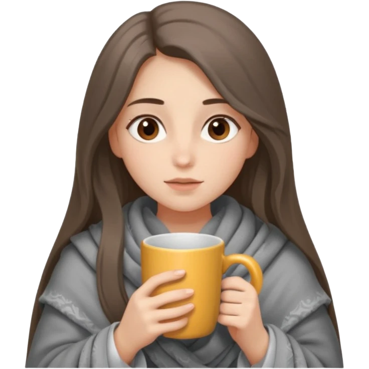 Brown-eyed, fair-skinned girl with long hair down to her shoulders, wrapped in a gray blanket, drinking from a New Year's mug emoji