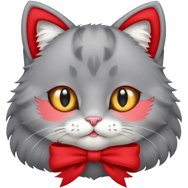 Fluffy grey kitty with a red bow emoji
