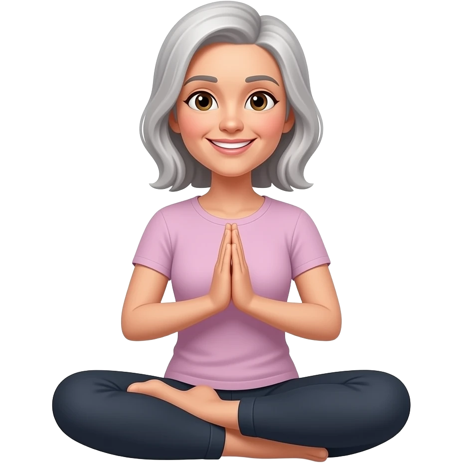 woman, brown eyes, elongated face shape, salt and pepper hair, shoulder lenght, splited from left side, mole below lip on left side, around 45 years, friendly smile,  sitting in lotus yoga position, palms joined in front of chest emoji