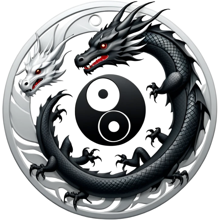 An icon symbolizing Eastern martial arts in the style of an emblem, featuring a black-and-white Yin-Yang symbol and a dragon at the center, surrounded by elements like a dojo. Transparent background highlights balance and power. emoji