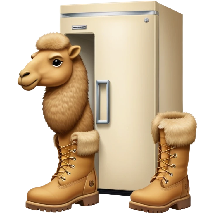 A white kitchen refrigerator with camel head poking out from an open door and furry camel legs wearing classic wheat-colored Timberland boots emoji