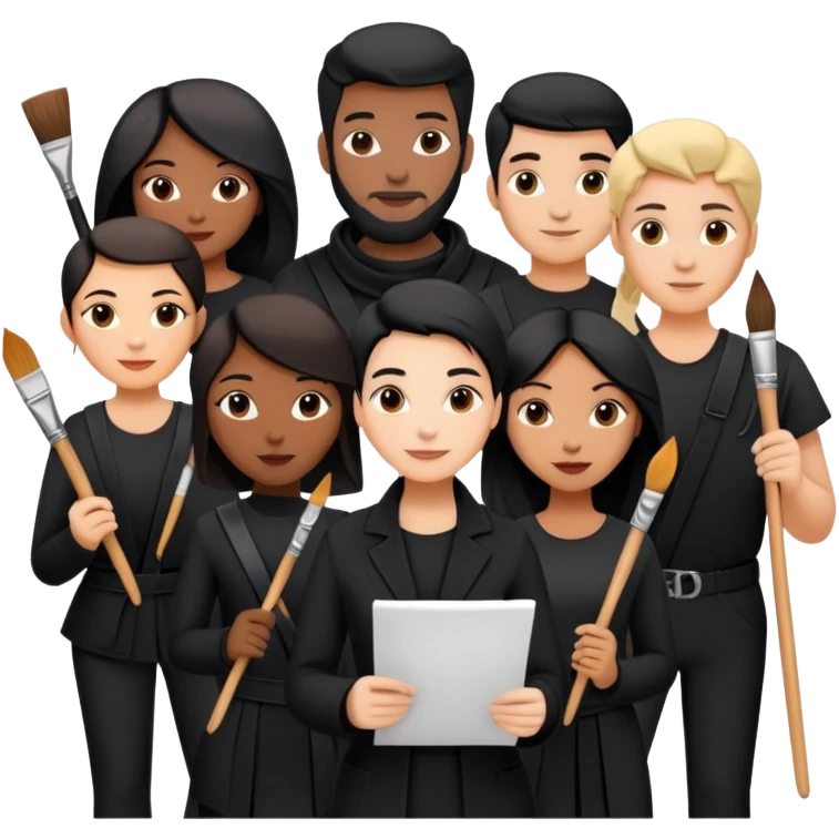 Group of creative people in black outfits, holding paintbrushes, scripts, or tools – theatrical, collaborative vibe emoji