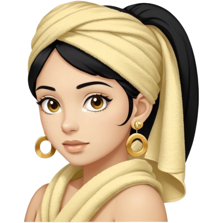 Light skinned girl black hair just a towel around her upper body and Chanel earring gold emoji