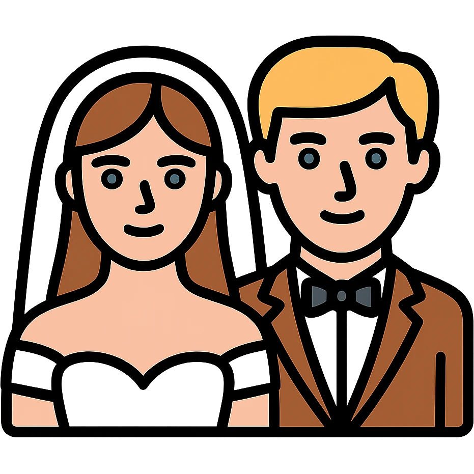 portrait of a bride with light brown hair and grey-blue eyes, and a groom with blonde hair, blue eyes, wearing a brown suit emoji