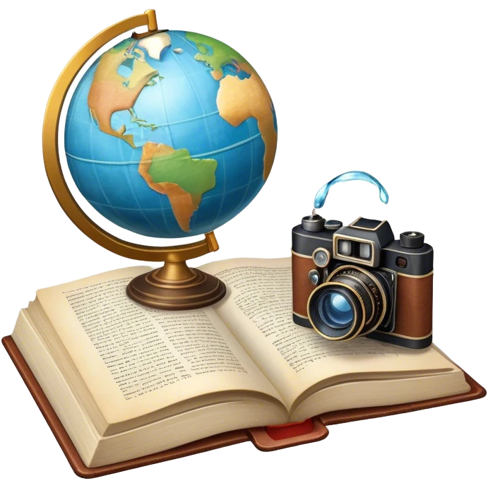 Icon for Documentary and Literary Fiction Reading: an open book with a mix of historical facts and vivid storytelling, featuring a globe, a fountain pen, and a vintage camera. The icon should represent the blend of reality and storytelling in documentary fiction. Transparent background. emoji