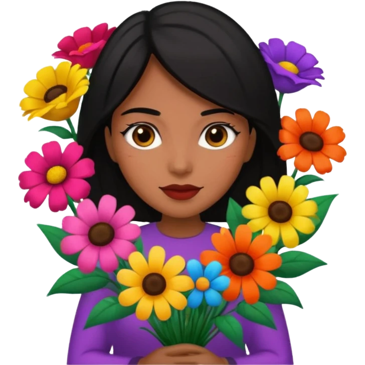 black hair woman with big bouquet of flowers emoji