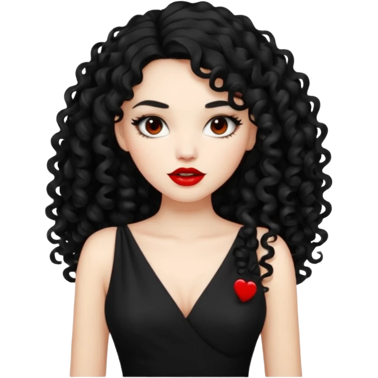 long black curly hair with white skin black dress and lipstick emoji