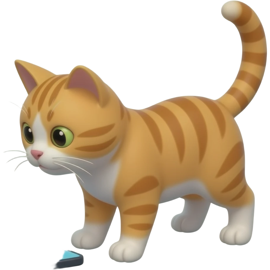 Glossy 3D rendered cat emoji on all fours, side profile, looking at a smartphone on the ground in front of it, slightly rounded edges, soft shading, white background emoji