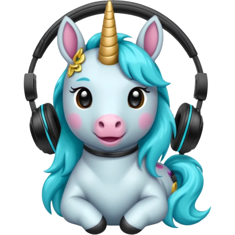 Unicornio bebé cyan sentado escuchando música con auriculares negros emoji