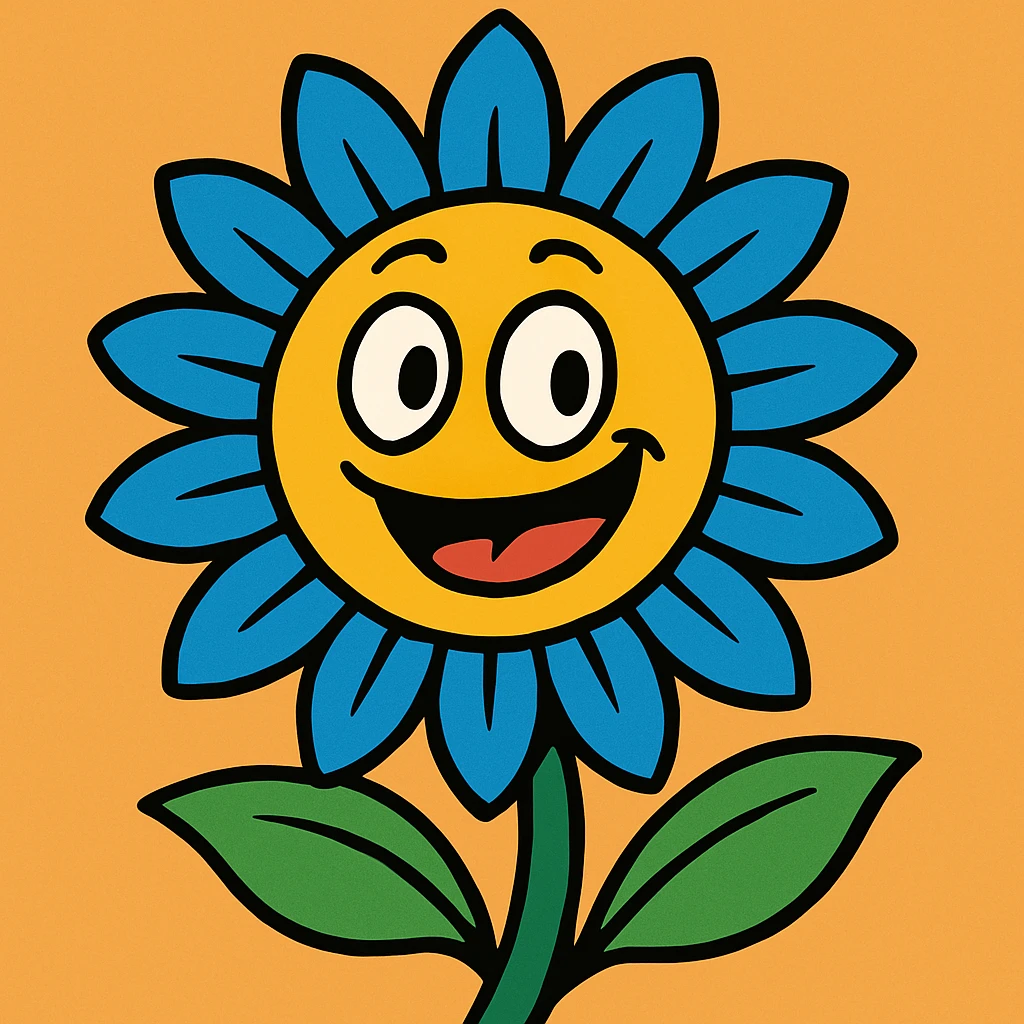blue sunflower, cartoon style, playful expression emoji