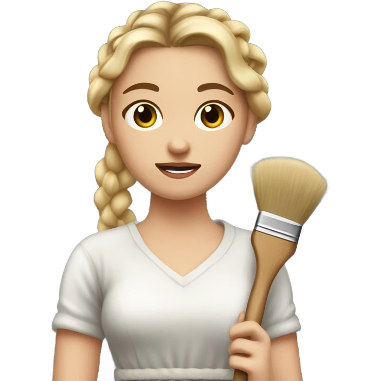"A young woman with braided blond hair, fair skin, and a lively but slightly worried expression. She wears a simple dress, holding a brush with wite paint on it." emoji