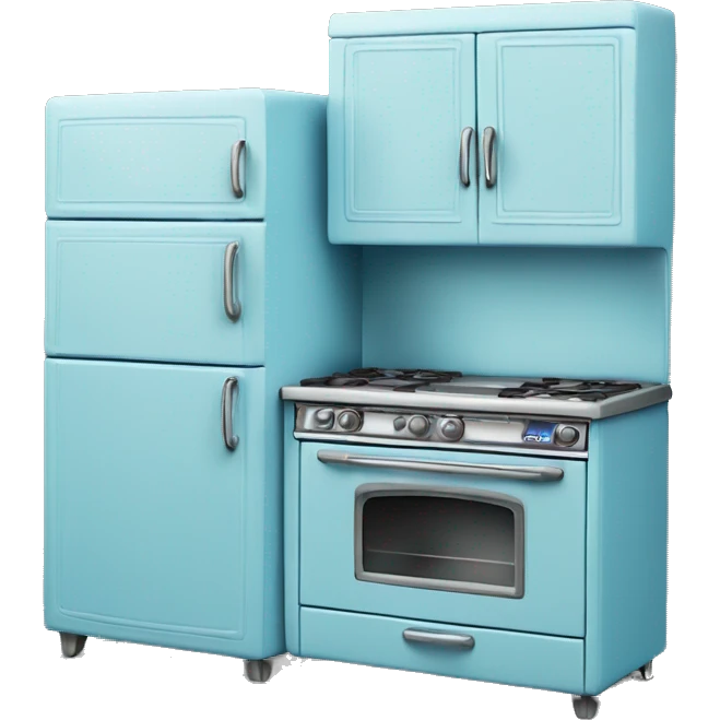 Isolated full length Realistic blue vintage retro kitchen range with cabinets and counters. emoji