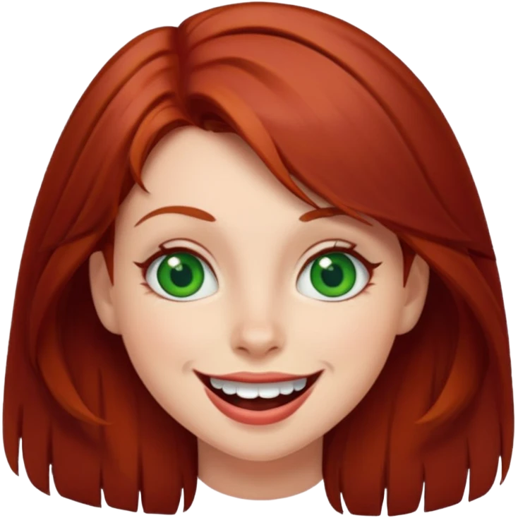Dark red haired girl with green eyes making a silly face emoji